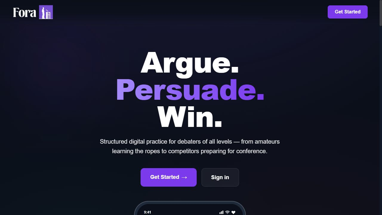 Fora landing page with the live debate mockup