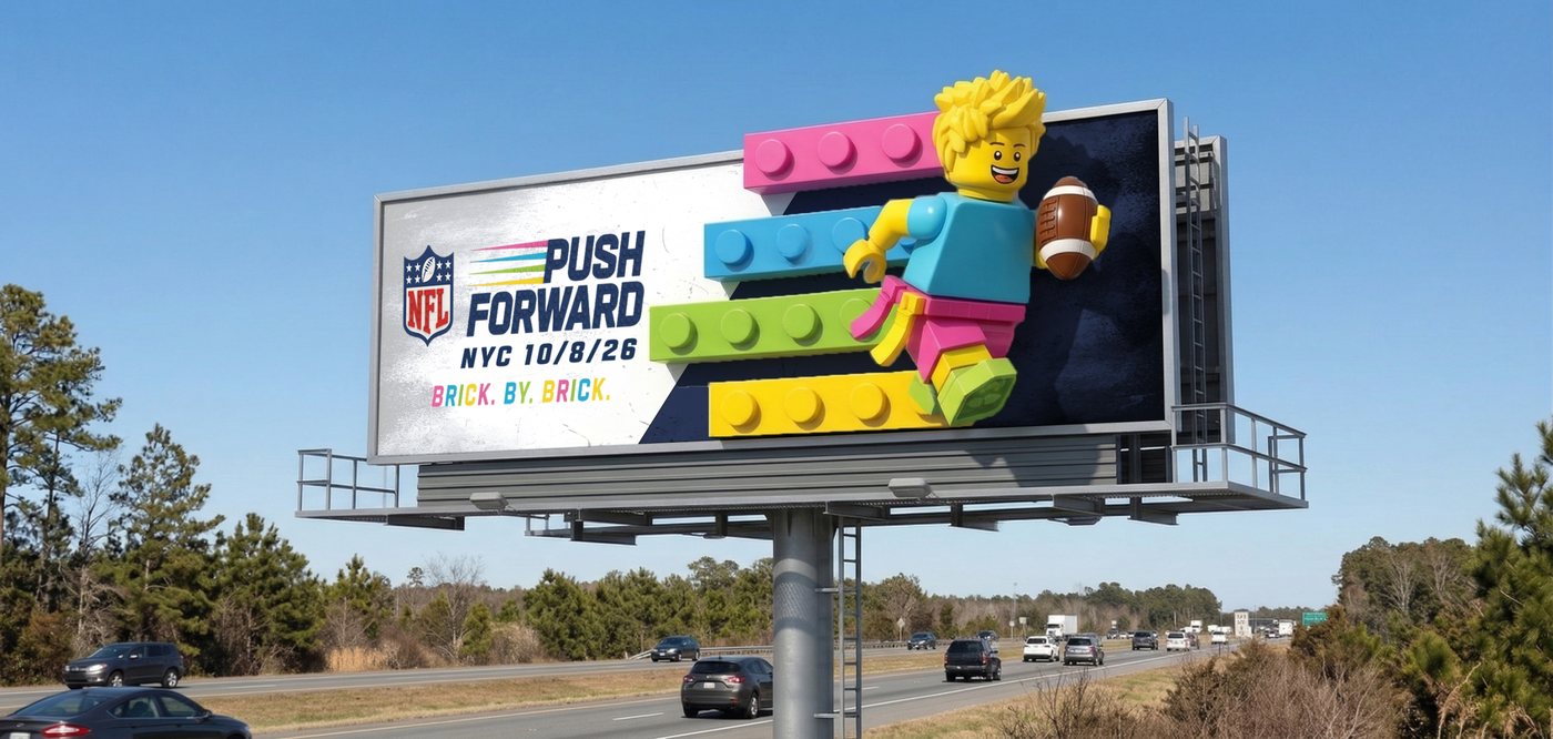 NFL x LEGO Push Forward highway billboard with a LEGO minifigure carrying a football