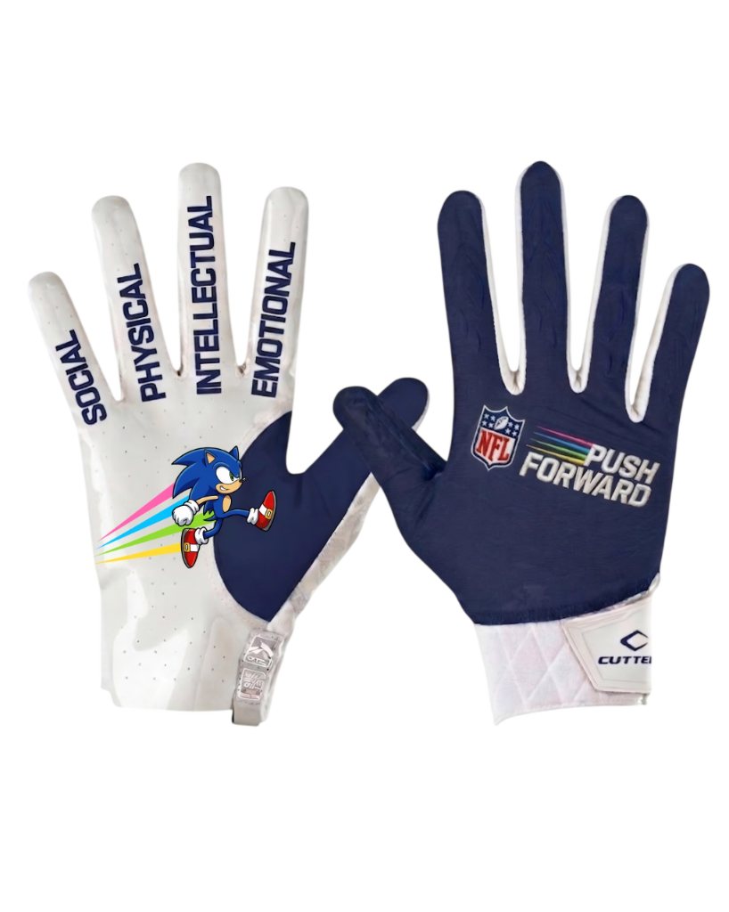 Cutter football gloves with the four pillars printed on the fingers and Push Forward on the palm